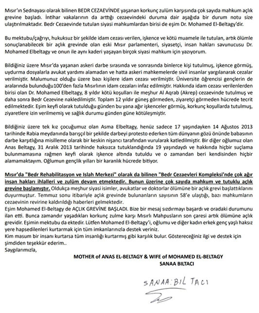 Biltaci'nin eşi Sena el-Biltaci'den mektup